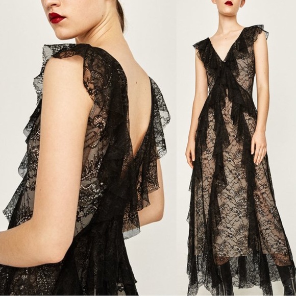 Zara Dresses & Skirts - ZARA WOMAN STUDIO NWT PREMIUM Black & Nude Lace Ruffle Frill V Neck Maxi Dress